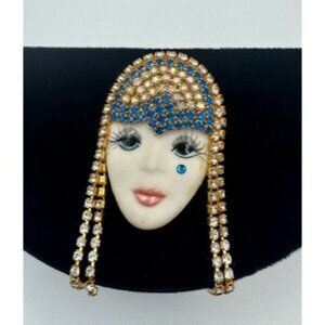 Vintage Signed Marsha Bauer 1989 Porcelain Rhinestone Brooch/Pin Flapper